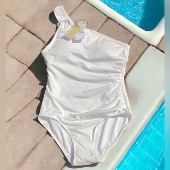 MICHAEL KORS NWT EMBELLISHED ONE SHOULDER UNDER WIRE ONE PIECE SWIMSUIT WHITE 10 - Picture 3 of 9